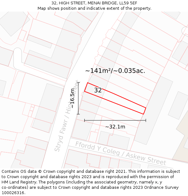 32, HIGH STREET, MENAI BRIDGE, LL59 5EF: Plot and title map