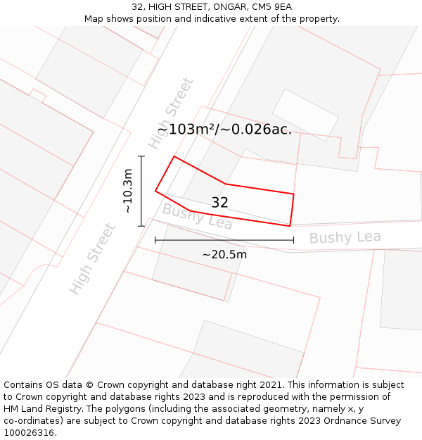 32, HIGH STREET, ONGAR, CM5 9EA: Plot and title map