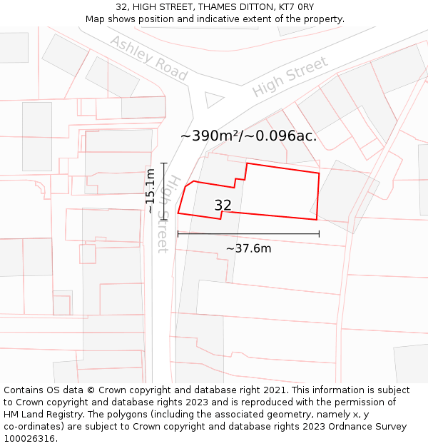 32, HIGH STREET, THAMES DITTON, KT7 0RY: Plot and title map