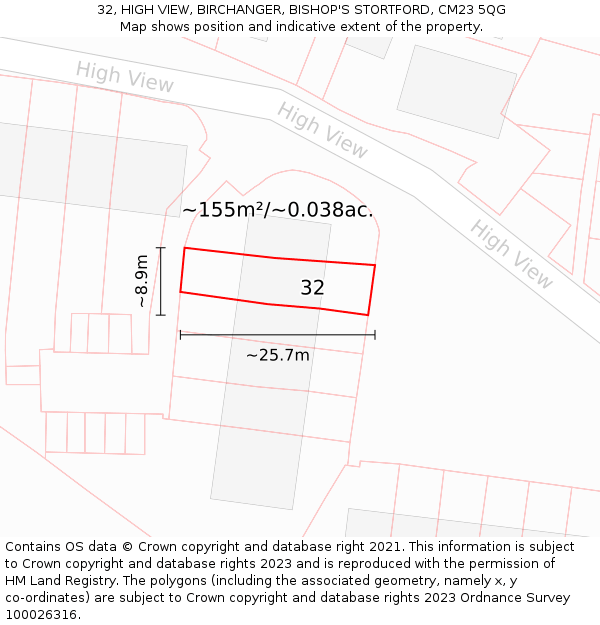 32, HIGH VIEW, BIRCHANGER, BISHOP'S STORTFORD, CM23 5QG: Plot and title map