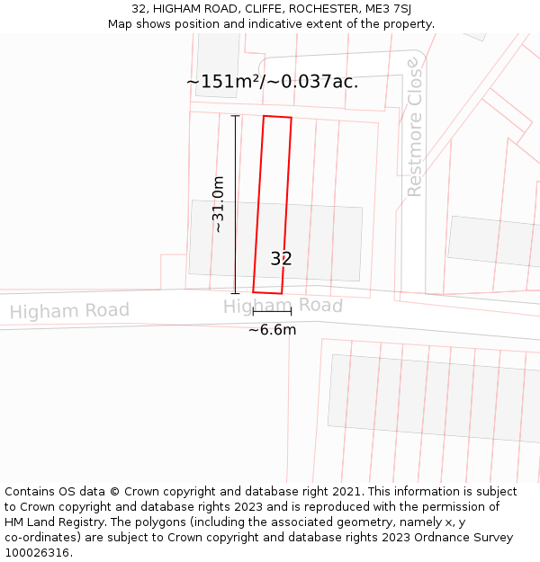 32, HIGHAM ROAD, CLIFFE, ROCHESTER, ME3 7SJ: Plot and title map