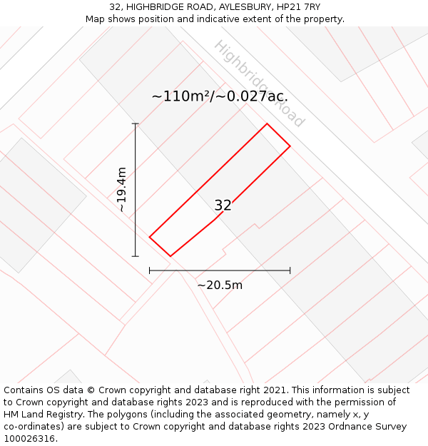 32, HIGHBRIDGE ROAD, AYLESBURY, HP21 7RY: Plot and title map