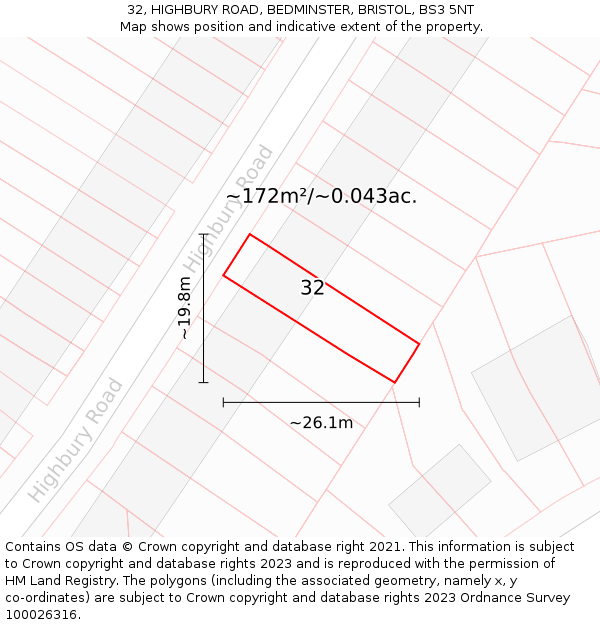 32, HIGHBURY ROAD, BEDMINSTER, BRISTOL, BS3 5NT: Plot and title map