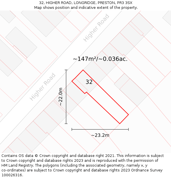 32, HIGHER ROAD, LONGRIDGE, PRESTON, PR3 3SX: Plot and title map