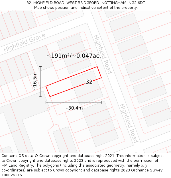 32, HIGHFIELD ROAD, WEST BRIDGFORD, NOTTINGHAM, NG2 6DT: Plot and title map