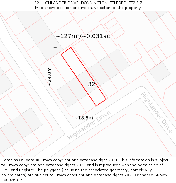 32, HIGHLANDER DRIVE, DONNINGTON, TELFORD, TF2 8JZ: Plot and title map
