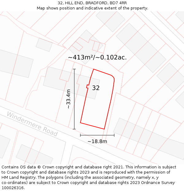 32, HILL END, BRADFORD, BD7 4RR: Plot and title map