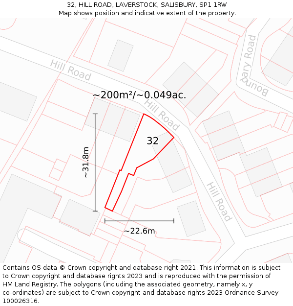 32, HILL ROAD, LAVERSTOCK, SALISBURY, SP1 1RW: Plot and title map