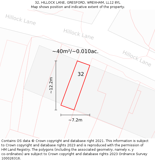 32, HILLOCK LANE, GRESFORD, WREXHAM, LL12 8YL: Plot and title map