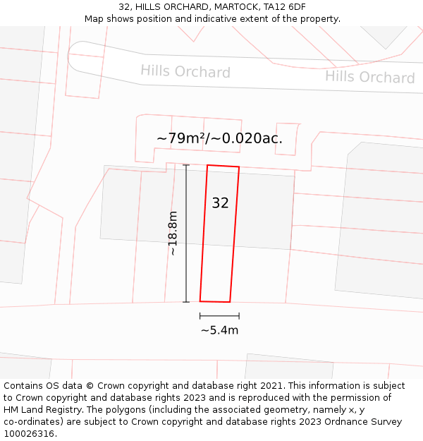 32, HILLS ORCHARD, MARTOCK, TA12 6DF: Plot and title map