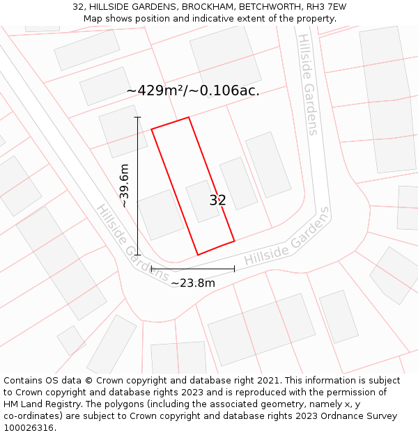 32, HILLSIDE GARDENS, BROCKHAM, BETCHWORTH, RH3 7EW: Plot and title map