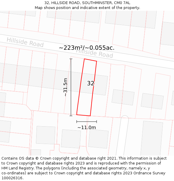 32, HILLSIDE ROAD, SOUTHMINSTER, CM0 7AL: Plot and title map