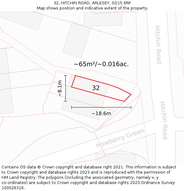 32, HITCHIN ROAD, ARLESEY, SG15 6RP: Plot and title map