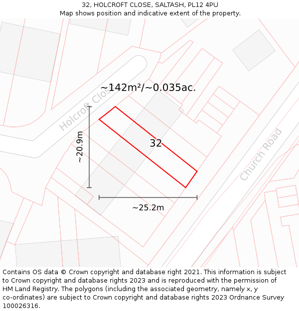 32, HOLCROFT CLOSE, SALTASH, PL12 4PU: Plot and title map