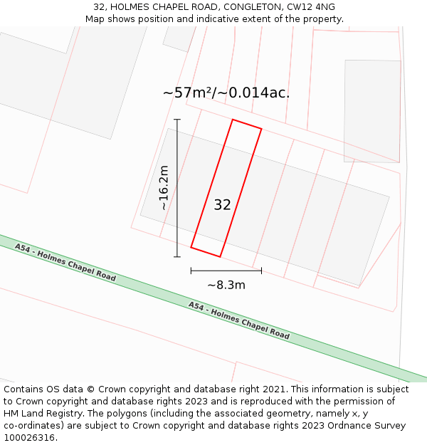 32, HOLMES CHAPEL ROAD, CONGLETON, CW12 4NG: Plot and title map