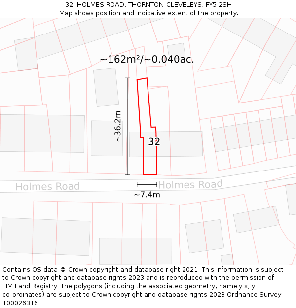 32, HOLMES ROAD, THORNTON-CLEVELEYS, FY5 2SH: Plot and title map