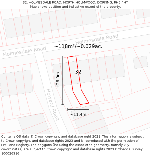 32, HOLMESDALE ROAD, NORTH HOLMWOOD, DORKING, RH5 4HT: Plot and title map