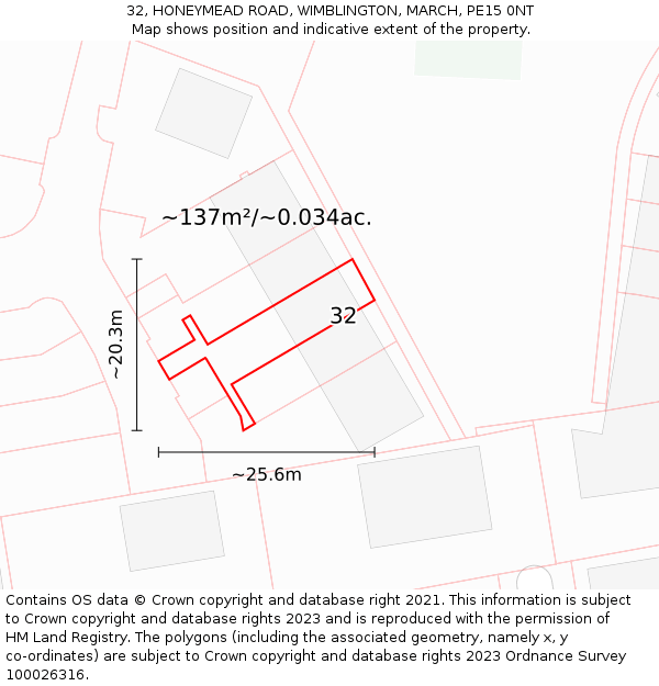 32, HONEYMEAD ROAD, WIMBLINGTON, MARCH, PE15 0NT: Plot and title map