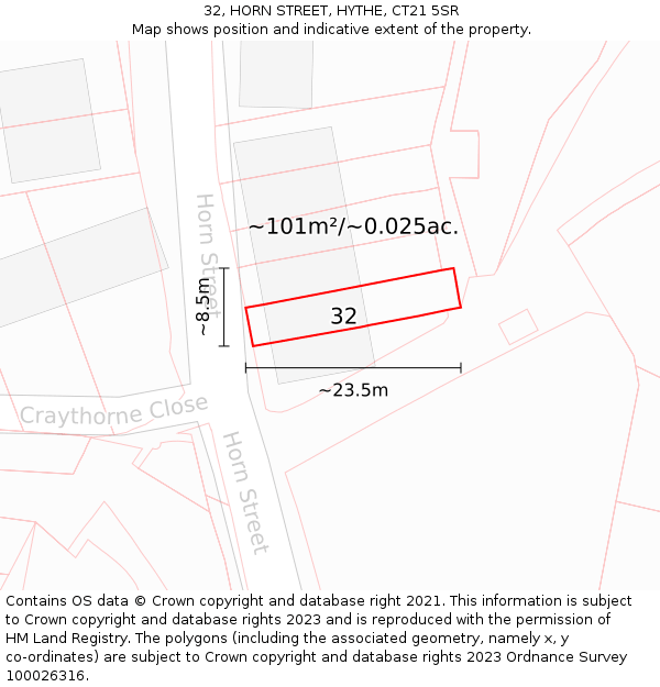 32, HORN STREET, HYTHE, CT21 5SR: Plot and title map