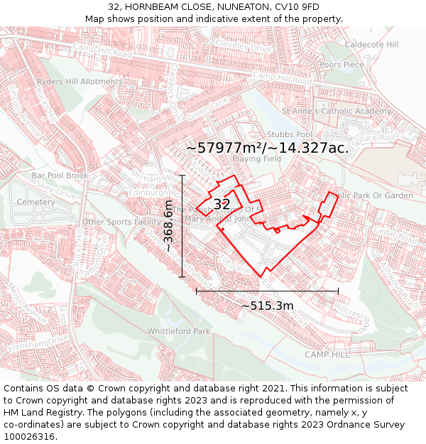 32, HORNBEAM CLOSE, NUNEATON, CV10 9FD: Plot and title map
