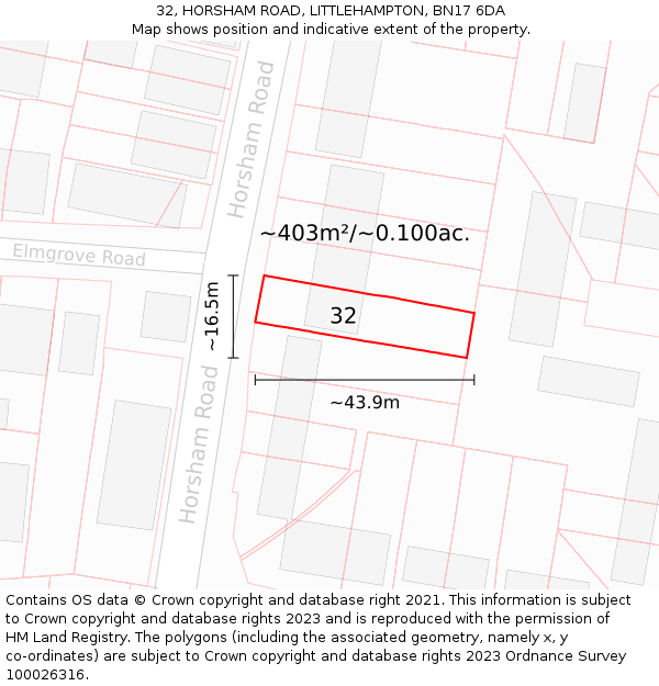 32, HORSHAM ROAD, LITTLEHAMPTON, BN17 6DA: Plot and title map