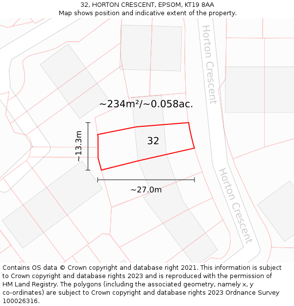 32, HORTON CRESCENT, EPSOM, KT19 8AA: Plot and title map