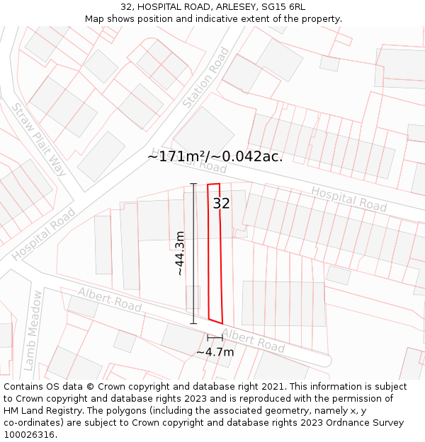 32, HOSPITAL ROAD, ARLESEY, SG15 6RL: Plot and title map