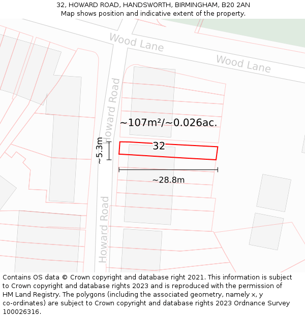 32, HOWARD ROAD, HANDSWORTH, BIRMINGHAM, B20 2AN: Plot and title map