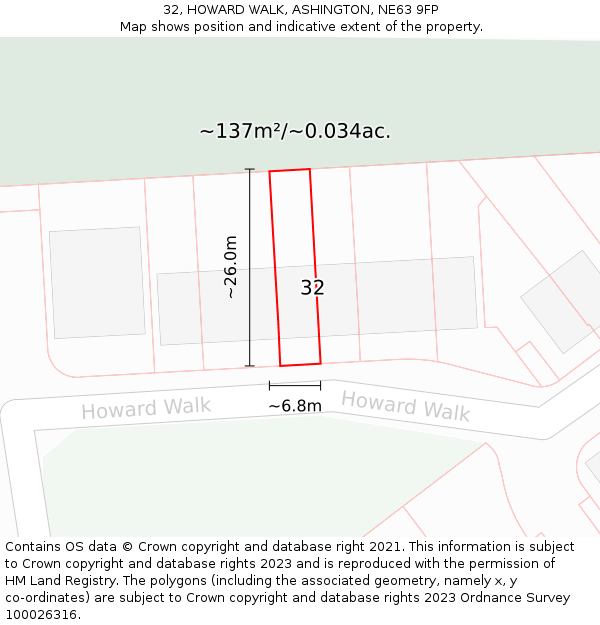 32, HOWARD WALK, ASHINGTON, NE63 9FP: Plot and title map