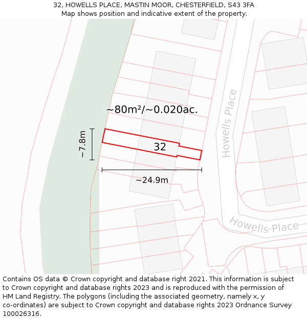 32, HOWELLS PLACE, MASTIN MOOR, CHESTERFIELD, S43 3FA: Plot and title map