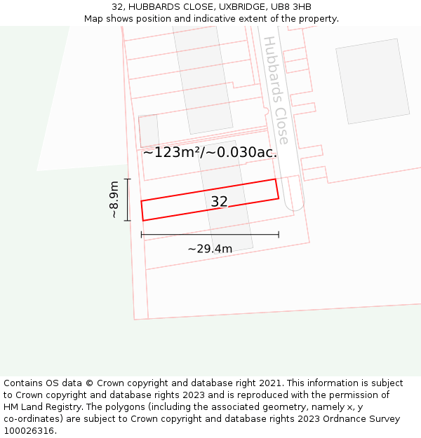 32, HUBBARDS CLOSE, UXBRIDGE, UB8 3HB: Plot and title map