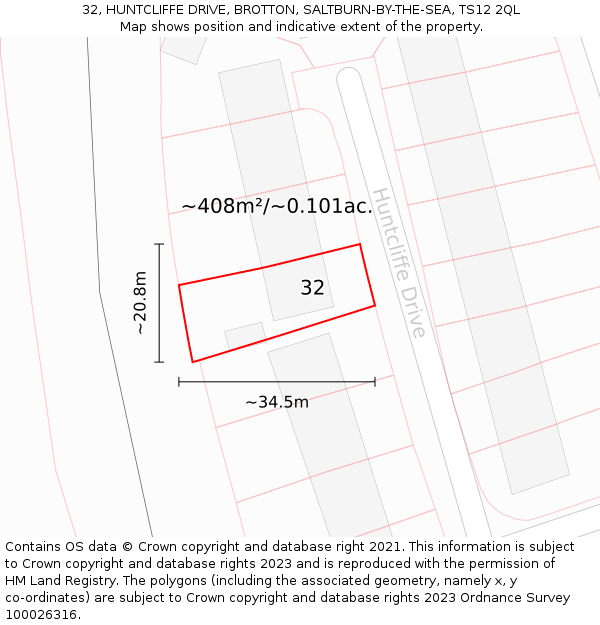 32, HUNTCLIFFE DRIVE, BROTTON, SALTBURN-BY-THE-SEA, TS12 2QL: Plot and title map