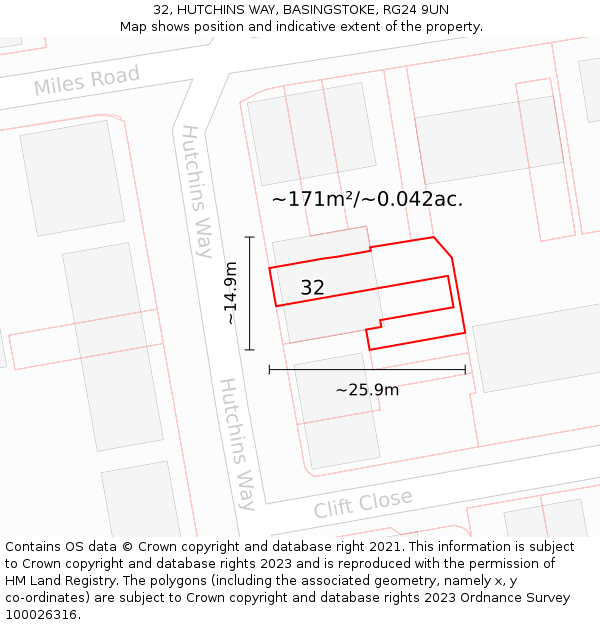 32, HUTCHINS WAY, BASINGSTOKE, RG24 9UN: Plot and title map
