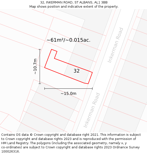 32, INKERMAN ROAD, ST ALBANS, AL1 3BB: Plot and title map
