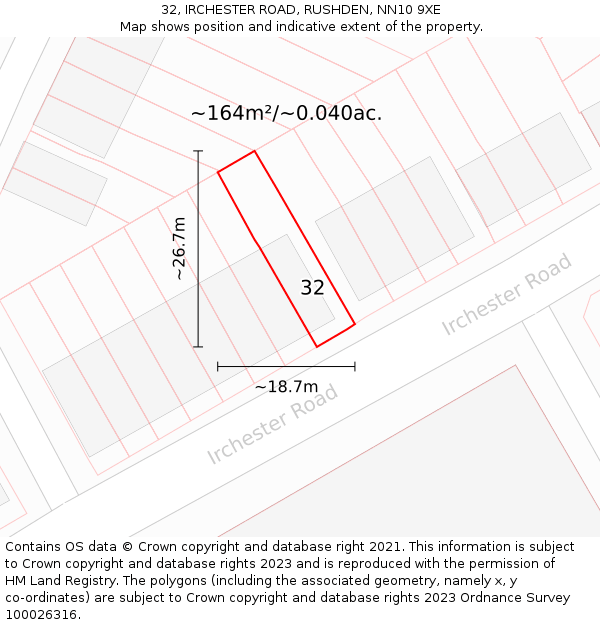 32, IRCHESTER ROAD, RUSHDEN, NN10 9XE: Plot and title map