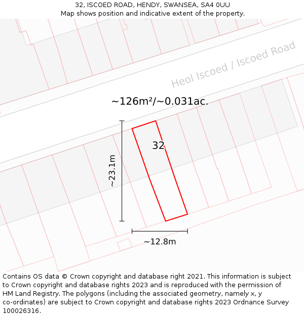 32, ISCOED ROAD, HENDY, SWANSEA, SA4 0UU: Plot and title map