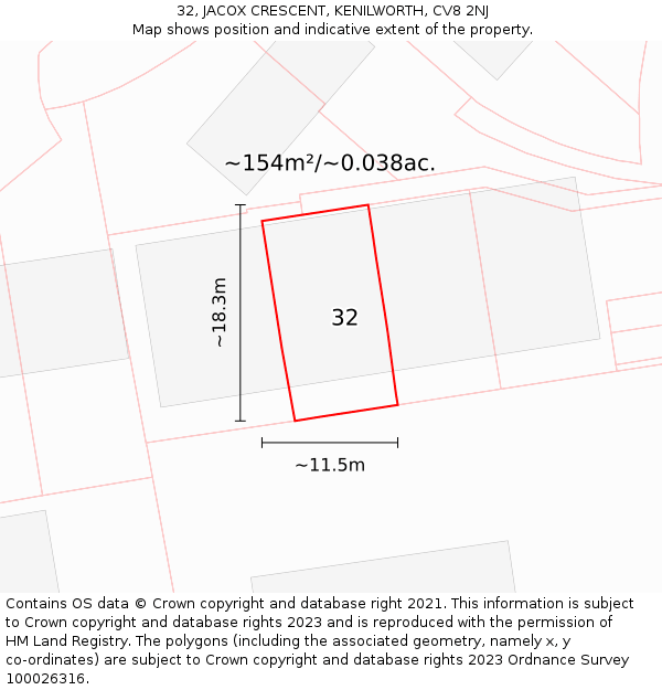 32, JACOX CRESCENT, KENILWORTH, CV8 2NJ: Plot and title map