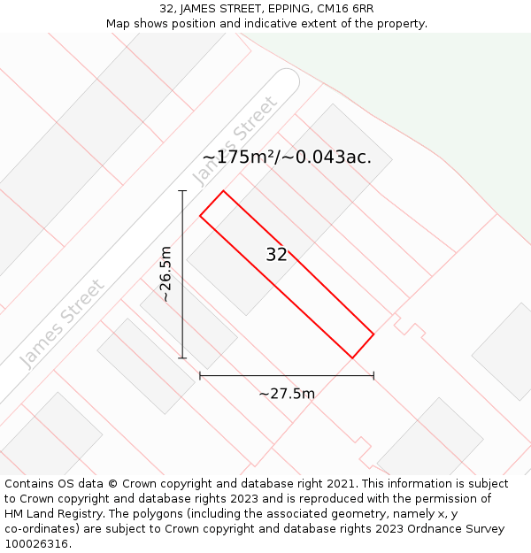 32, JAMES STREET, EPPING, CM16 6RR: Plot and title map