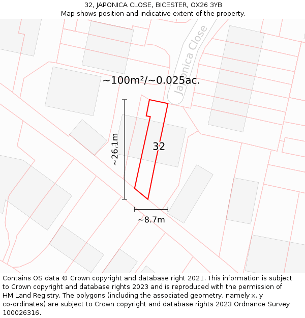32, JAPONICA CLOSE, BICESTER, OX26 3YB: Plot and title map