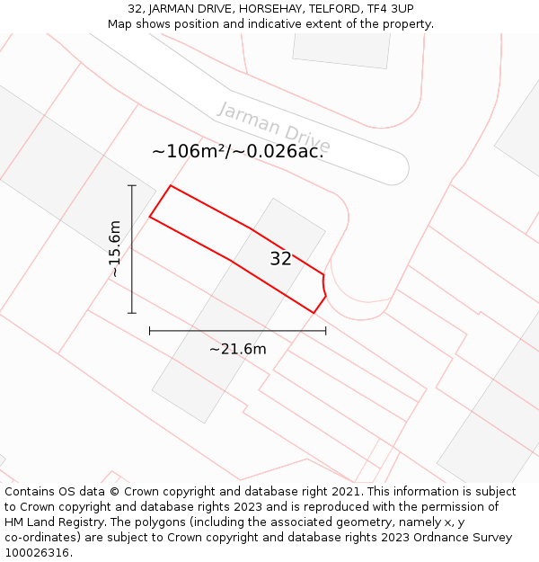 32, JARMAN DRIVE, HORSEHAY, TELFORD, TF4 3UP: Plot and title map