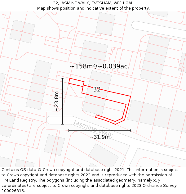 32, JASMINE WALK, EVESHAM, WR11 2AL: Plot and title map