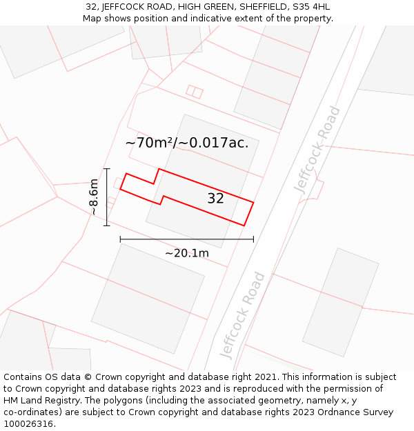 32, JEFFCOCK ROAD, HIGH GREEN, SHEFFIELD, S35 4HL: Plot and title map