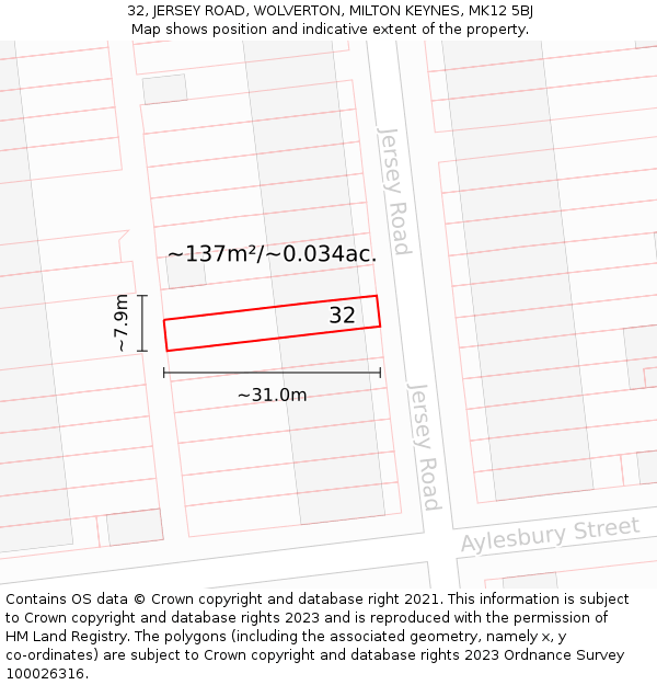 32, JERSEY ROAD, WOLVERTON, MILTON KEYNES, MK12 5BJ: Plot and title map