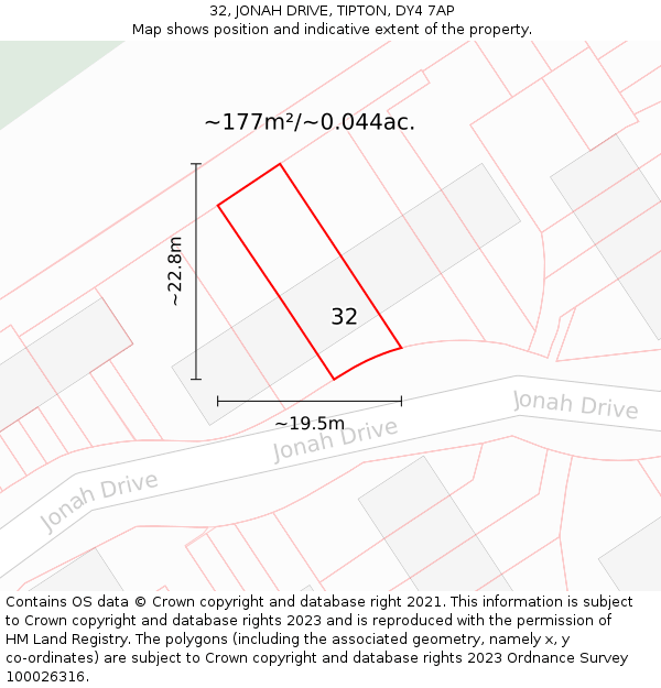 32, JONAH DRIVE, TIPTON, DY4 7AP: Plot and title map