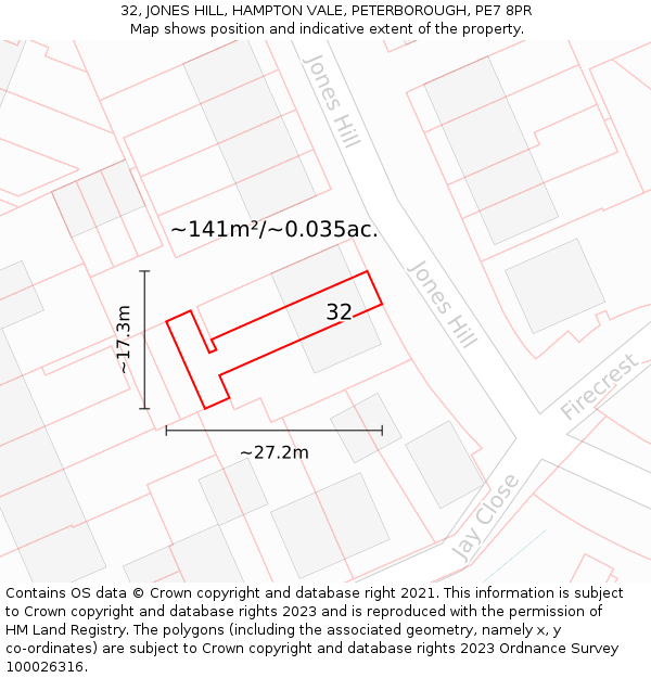 32, JONES HILL, HAMPTON VALE, PETERBOROUGH, PE7 8PR: Plot and title map