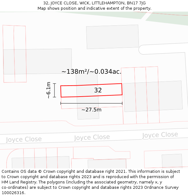 32, JOYCE CLOSE, WICK, LITTLEHAMPTON, BN17 7JG: Plot and title map
