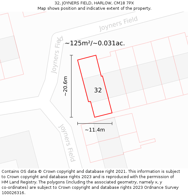 32, JOYNERS FIELD, HARLOW, CM18 7PX: Plot and title map
