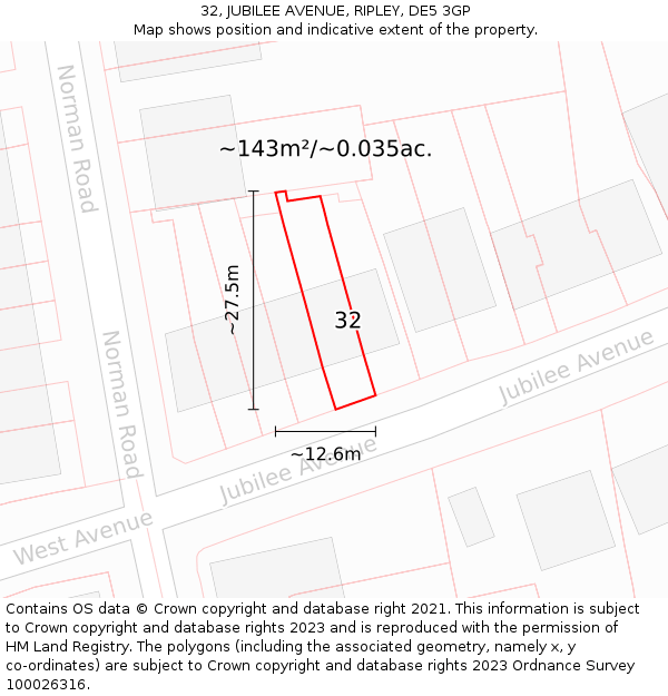 32, JUBILEE AVENUE, RIPLEY, DE5 3GP: Plot and title map