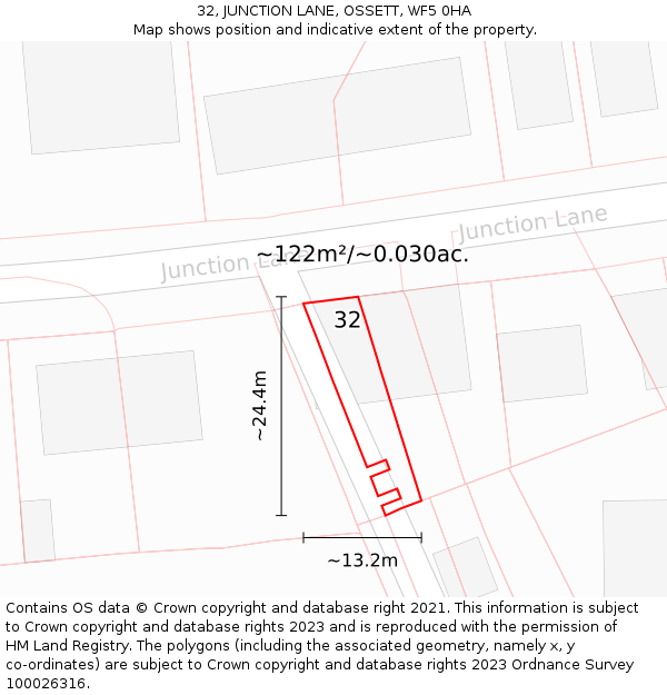 32, JUNCTION LANE, OSSETT, WF5 0HA: Plot and title map