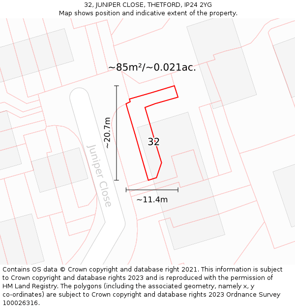 32, JUNIPER CLOSE, THETFORD, IP24 2YG: Plot and title map